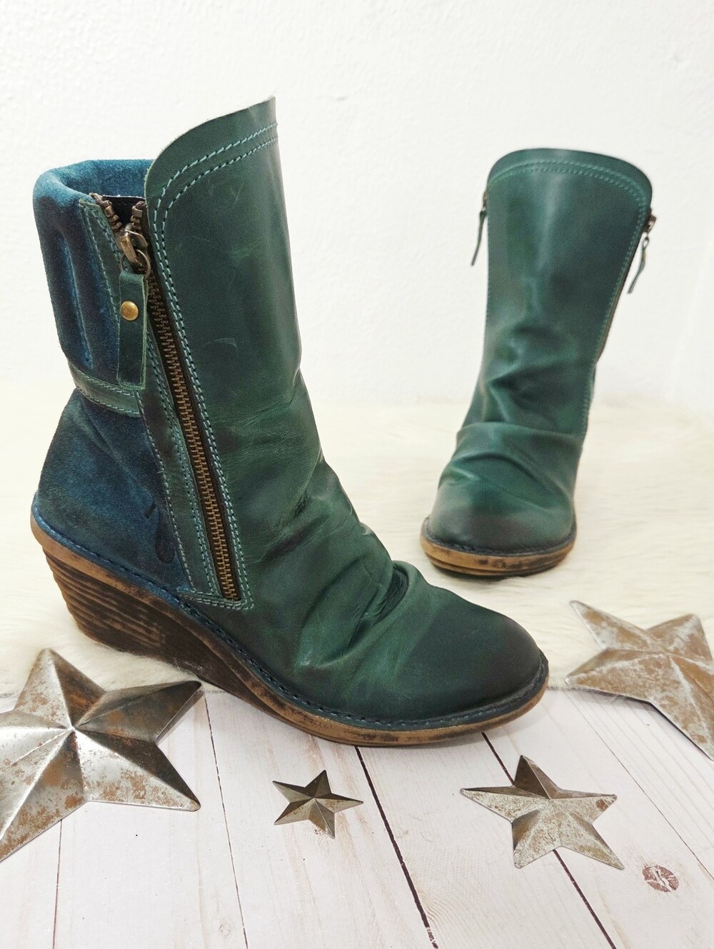 Fly London Simi wedge boots teal green blue suede leather distressed women's 39 - Picture 2 of 8